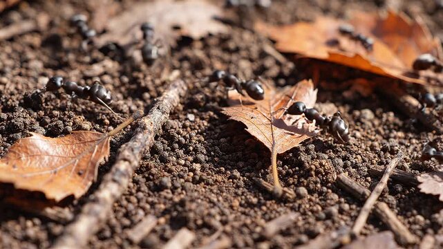 Macro footage of worker ants moving debris and navigating soil among fallen leaves. Ideal for ecology, entomology, or soil health educational content.