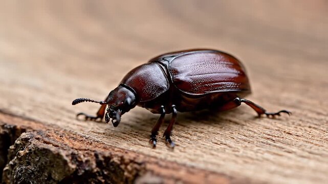 Macro footage of a shiny dark brown beetle moving across weathered wood grain. Ideal for entomology, forest ecology, or texture-focused educational content.
