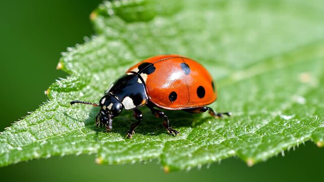 Real macro footage of a red ladybug with black spots crawling on a vibrant green leaf. Ideal for gardening, pest control education, or nature documentaries.
