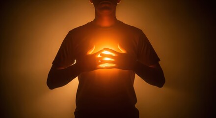 Man holding glowing hands together in dark