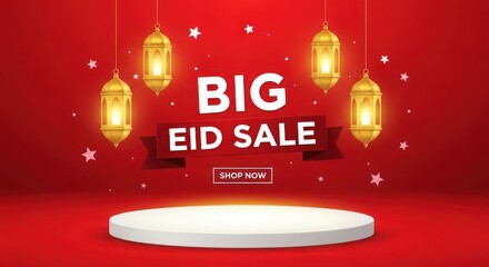 Eid sale banner with lanterns and podium on red background