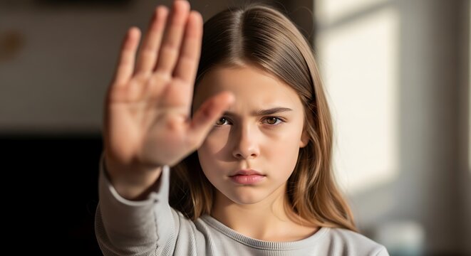 Young girl holding up her hand in a stop gesture with a serious expression. Say no to violence and child abuse.