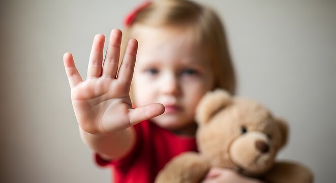 Little girl holding a teddy bear with her hand raised in a stop gesture. Say no to violence and child abuse.