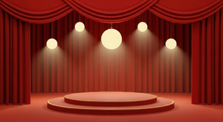Red stage with circular platform and spotlights isolated on white background