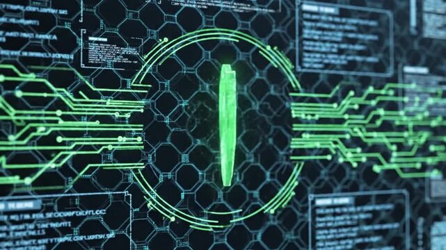 Close-up of a futuristic circuit board with neon green lines and a central circle on a dark