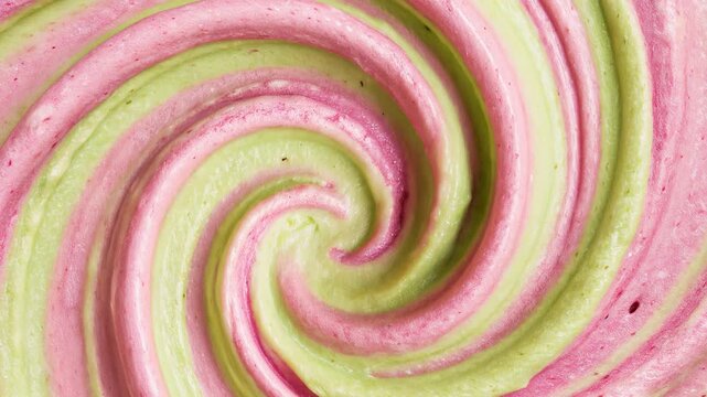 Video 4k green and pink matcha and strawberry juice, Abstract close-up of light green creamy texture swirled into a spiral pattern. thick cosmetic body care or herbal substance background