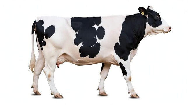 Animated portrait of a standing Holstein cow with subtle lifelike movements, isolated on white, generative AI