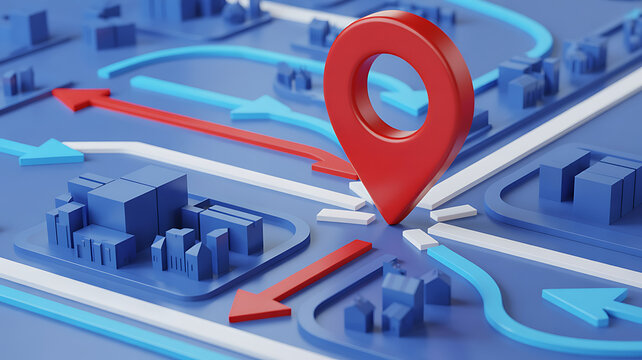 Red location pin on 3D map with arrows and cityscape
