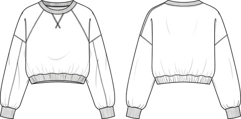 Women Cropped Raglan Sleeve Sweatshirt Technical Flat Sketch, Fashion CAD Drawing Vector Illustration, Front and Back View White Apparel Template © Zaidul