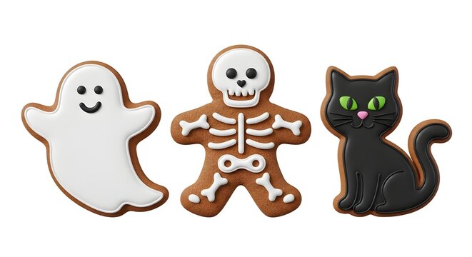 Deliciously decorated Halloween cookies ghost, skeleton, and black cat on white background