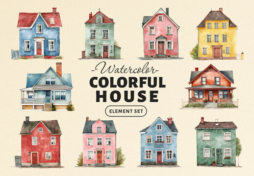 Charming Watercolor House Illustrations Element Design Set