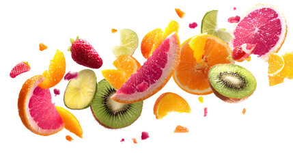 Assortment of fresh fruit slices flying together isolated on transparent background