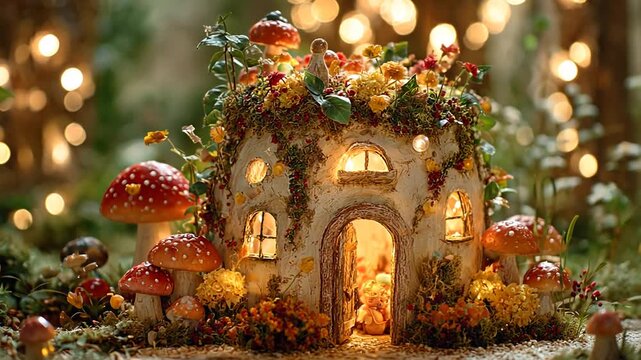 Magical Miniature Fairy Cottage with Glowing Windows, Adorned with Whimsical Mushrooms and Flowers in an Enchanted Garden