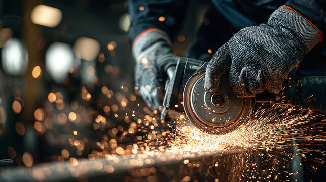 Close-up shot of a person using a grinder to shape a piece of metal, sparks flying