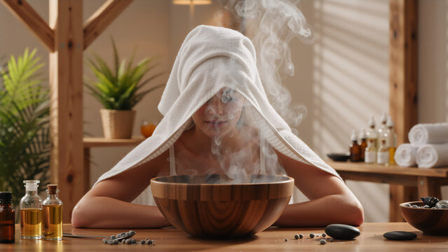 Young woman with towel over head inhaling steam from a wooden bowl. Facial skin care and aromatherapy wellness concept