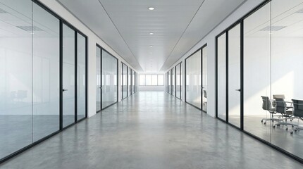 Fototapeta premium A clean modern office interior features a long empty hallway with glass doors and a sharp perspective inside this modern office building and modern office corridor filled with bright light