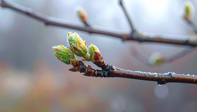 Dewdrops cling to tiny green buds on a tree branch in early spring, signaling new growth and the end of winter