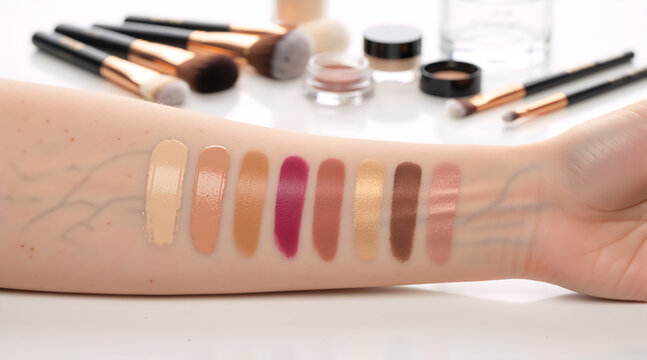 Swatches of liquid foundation makeup on a female arm with brushes in background. Cosmetic shades testing concept