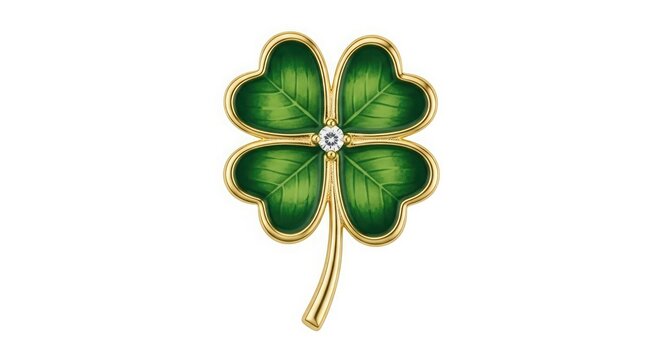 Green four leaf clover brooch with diamond center