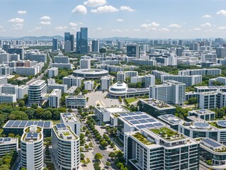 Naklejka premium Aerial view of urban business district with eco-friendly architecture