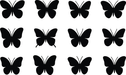 Butterfly silhouette vector collection, black insect wing shapes isolated on white background for logo, stencil, tattoo, decorative floral nature design © SreeShoyagini