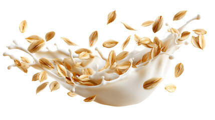 Oat flakes splashing into milk isolated on transparent background