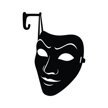 Human face mask vector illustration hanging on a hook for theater performance or costume party use
