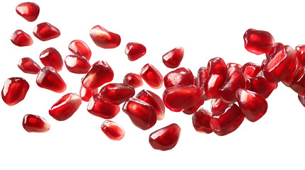 Bright red pomegranate seeds scattered and isolated on transparent background