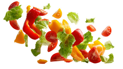 Fresh chopped vegetables in mid air isolated on transparent background