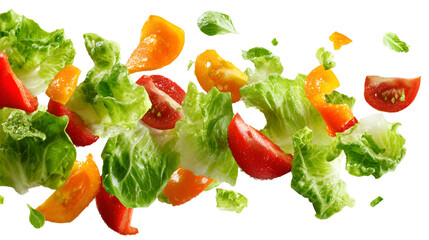 Fresh salad ingredients flying through the air isolated on transparent background