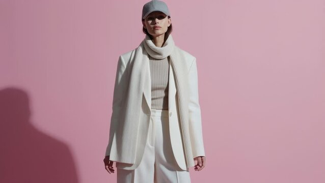 Fashionable Woman in White Suit and Scarf Standing on Pink Background, Fashion Graphy
