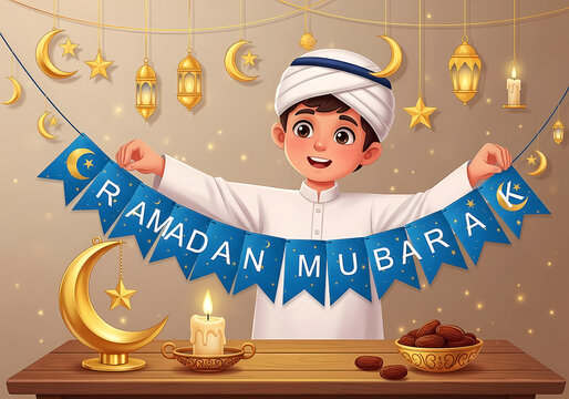 Child Holding "Ramadan Mubarak" Banner with Eid Decorations
