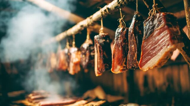 Smoked pork ham hanging in a traditional smokehouse