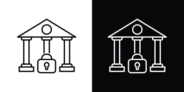 Vector line art icon illustrating a bank building with a security padlock, symbolizing secure financial transactions, data privacy, and protected institutional access