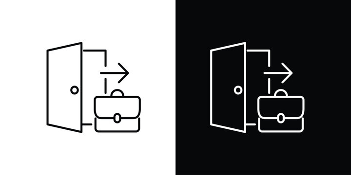 Clean line vector icon symbolizing professional career transition, job change, and new opportunities, depicting an open door, briefcase, and arrow for employment departure