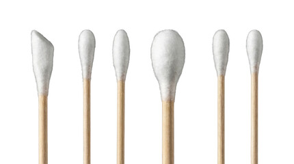 Close up of diverse cotton swab tips with wooden handles for cosmetic and hygiene use