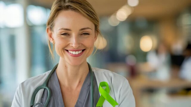 Doctor smiling wearing green mental health awareness ribbon
