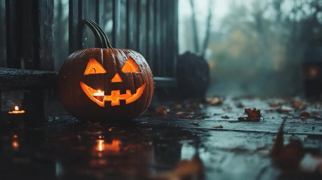 A carved pumpkin with a lit candle face sits on wet porch.  Foggy background with candles and leaves