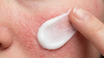 Fototapeta premium Applying soothing ceramide cream to red irritated skin
