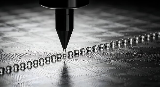 Precision Microchip Manufacturing: Automated Robot Arm Placing Tiny Spheres on Circuit Board