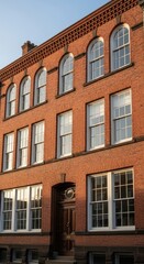 Obraz premium Historic Brick Building Facade in Urban Setting with Arched Windows.