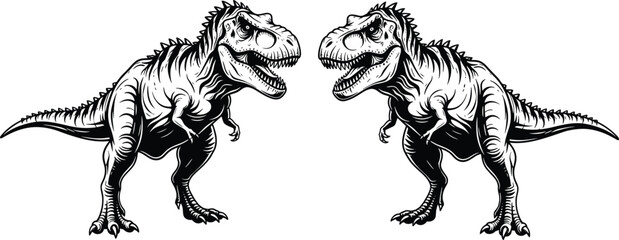 Black silhouette of two Tyrannosaurus Rex dinosaurs facing each other, prehistoric T-Rex predators © Heyy there