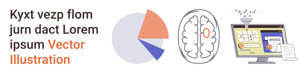 Fototapeta premium Business analytics, neuroscience, financial management, technology, machine learning, and data visualization. Features a pie chart, brain diagram and a screen for digital payments. Business