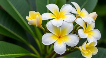 Obraz premium White and Yellow Plumeria Flowers Macro with Water Droplets