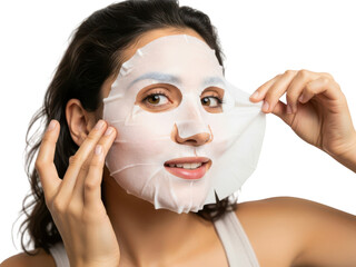 Young woman applying white facial sheet mask isolated on transparent background
