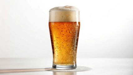 Freshly Poured Glass of Cold Beer with Foam and Bubbles on White Background