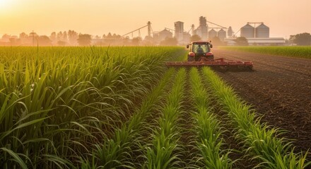 A tractor sprays a field of crops at sunrise with farm buildings in the background.