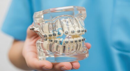 A dentist holding a model of teeth with braces in their hand