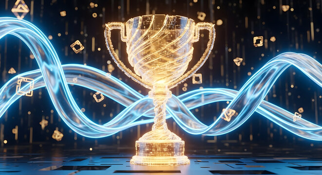 Golden trophy cup with glowing blue lines and digital elements