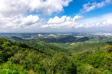 Obraz premium Panoramic nature background On a high mountain, you can see the scenery of trees, grass, and lush rice fields. While traveling on an adventure trip